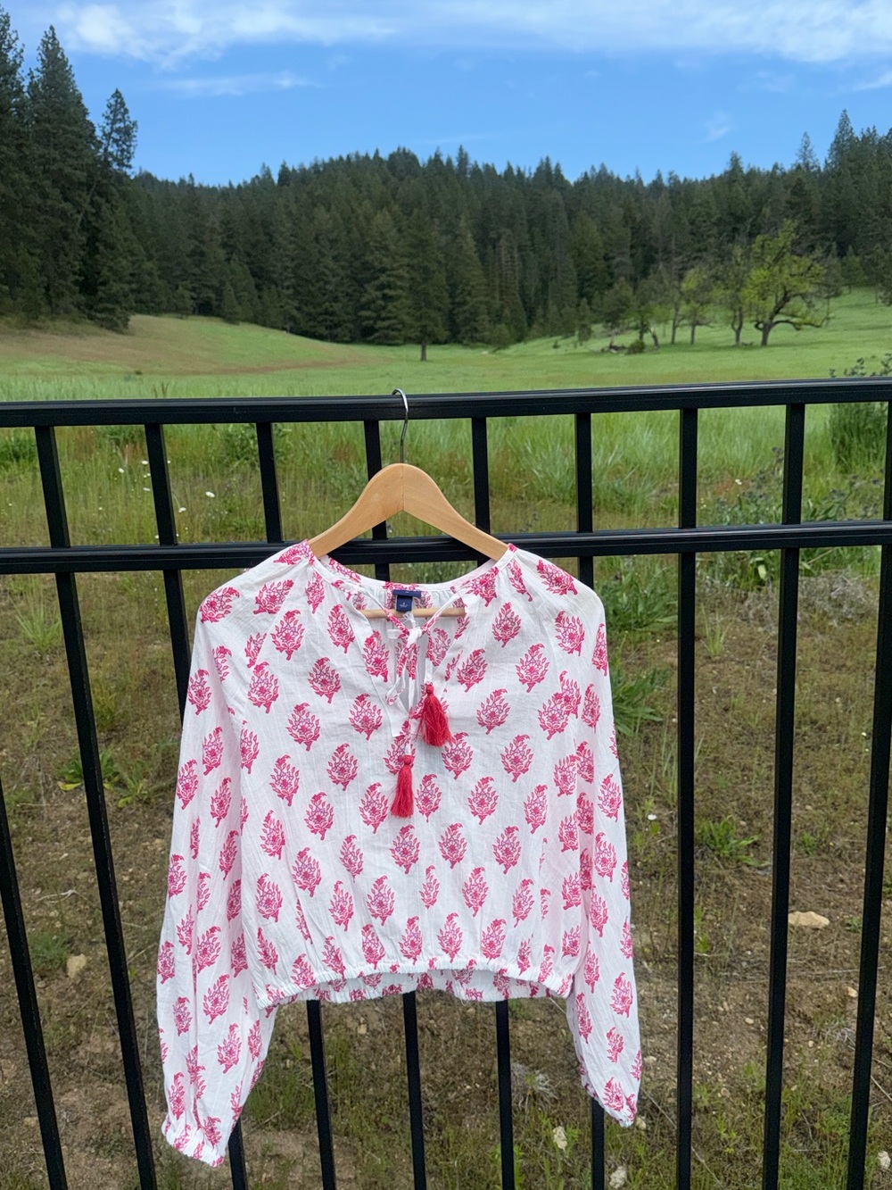 Size Small Roller Rabbit Pink Block Print Tassel Peasant Crop Top Boho Blouse